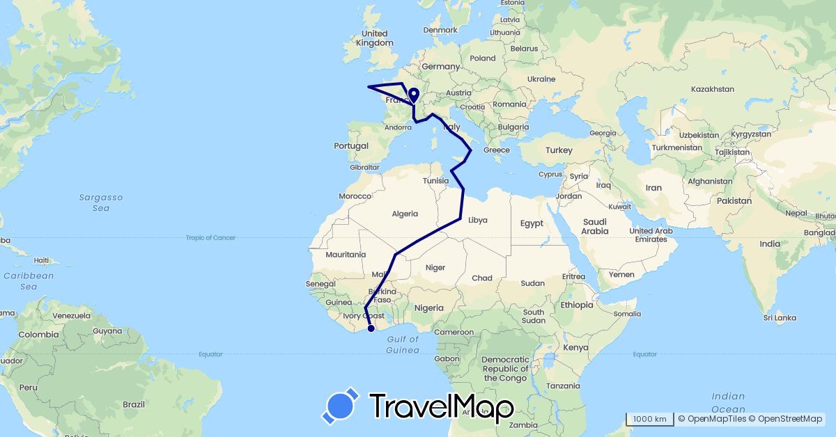 TravelMap itinerary: driving in Burkina Faso, Côte d'Ivoire, Algeria, France, Italy, Libya, Mali, Vatican City (Africa, Europe)